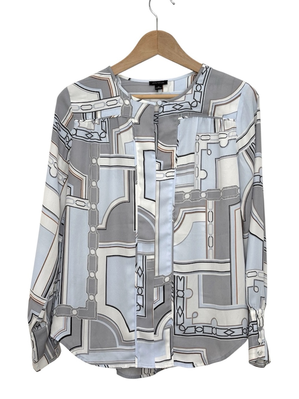 Ann Taylor Geometric Chain Print Popover Blouse Size XS Gray Blue White Office
